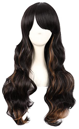 MapofBeauty 28 Zoll/70 cm Seitenscheitel Pony Charmante Frauen Lange Lockige Volle Haar Gewellt Perücke (Schwarz gemischt Braun)