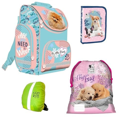 Goldkids My Little Friend Schulranzen Set Ranzen Federmappe Federmäppchen Turnbeutel Regenschutz Fluffy Dog Hund 4-teilig. ab 1 Klasse der Grundschule.