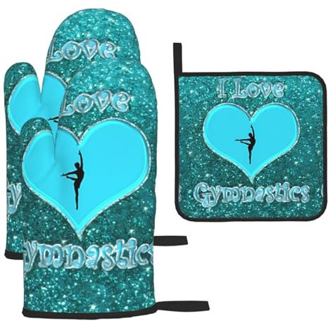 I Love Gymnastics - Set di 3 guanti e presine antiscottatura per cucina, cottura e grigliata, regalo di Natale per la festa della mamma