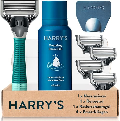 Harry’s Nassrasierer für Männer – Rasier-Set mit Grün Griff, 4 Ersatz-Rasierklingen, Reise-Klingen-Cover, 60ml Rasiergel, Rasierklingen