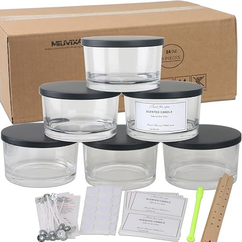 MILIVIXAY 6 x 680 ml Kerzengläser Mit Metalldeckel und Herstellungs-Kits - 3 Docht-Gläser, Leere Transparente Dicke Glas-Behälter für Große Kerzen - Gewürz-