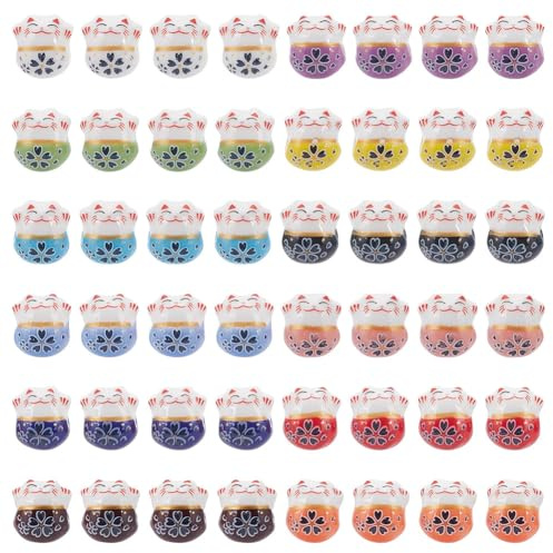 WEBEEDY 48 Stück Keramikperlen 14 mm 12 Stile Glückliche Katze Porzellanperlen Kleine Maneki Neko Katze Spacer Perlen Glück Lose Perlen für Armbänder Geschenke zu Geburtstag Weihnachten,Loch:2mm