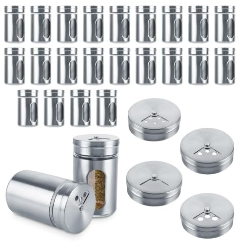 WOPPLXY 24 Stück Gewürzdosen, 100ml Silber Gewürzstreuer mit 3-fach Streuregulierung und Sichtfenster, Glas und Edelstahl Gewürzgläser für Gewürze, Kräuter, Salz
