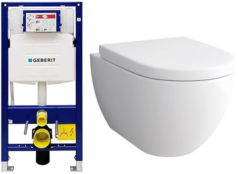 Alpenberger Hänge WC Spülrandlos mit Toilettendeckel D Form | Dusch WC Set | Kloschüssel mit Geberit Spülkasten | Taharet WC mit Vorwandelement WC Set Komplett mit Schallschutz