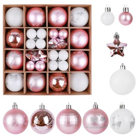 SULOLI Christmas Balls Ornaments Set, 44 Pcs Xmas Shatterproof Plastic Baubles Hanging Balls for Christmas Tree Holiday Party Wedding Decoration (Pink & White)