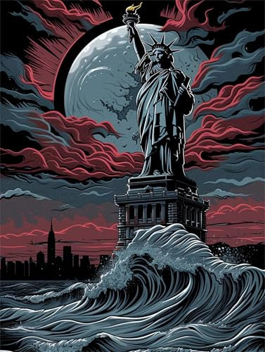 Freiheitsstatue Malen Nach Zahlen Erwachsene, DIY Malen Nach Zahlen Kinder Anfänger, Malen Nach Zahlen New York Ölgemälde Leinwand 90x60cm, mit 3 Pinsels und Farbe Acrylfarbe, Aesthetic Room Decor