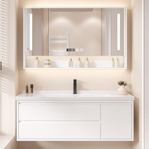 LMXRYPD Armoire à Pharmacie avec Meuble Salle de Bain LED, Anti-buée, Contrôle Tactile, Horloge, Etagères Réglables, Meuble sous Lavabo Salle de Bain avec Porte-Serviettes(120cm/47.2in)