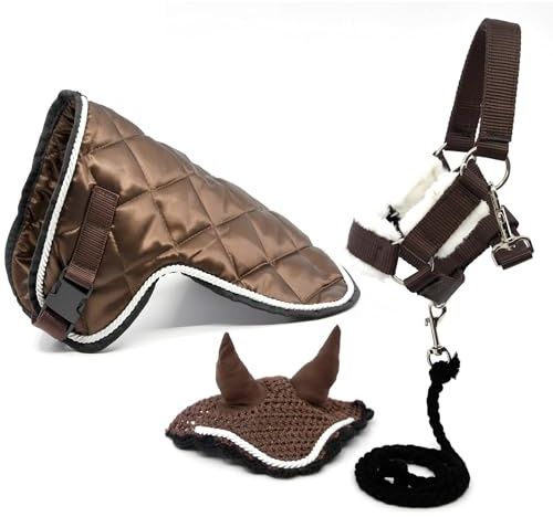 Set di accessori marrone cioccolato per Hobby Horse e cavallo stick: cavezza muta con cordino + coperta + berretto anti-mosche