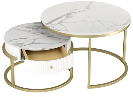 Soayone Couchtische Rund mit Stauraum, Couchtisch 2er Set, Wohnzimmertisch Weiß, Couchtisch Gold Marmor, Tisch Wohnzimmer Modern, Coffee Table Φ 70 & Φ 50 cm