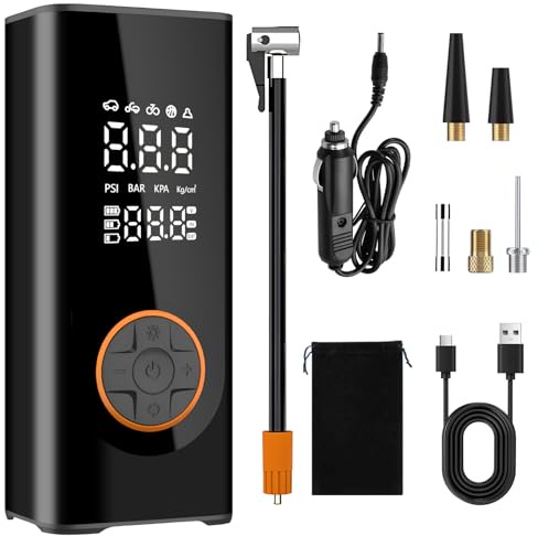 Semflagree Tragbarer Luftkompressor Autoreifenpumpe, 6000mAh schnurlos Duale Stromversorgung 150PSI Reifenaufblasgerät Digitale Duale Werte Anzeige Reifenpumpe für Auto Motorrad Fahrrad Ball,schwarz