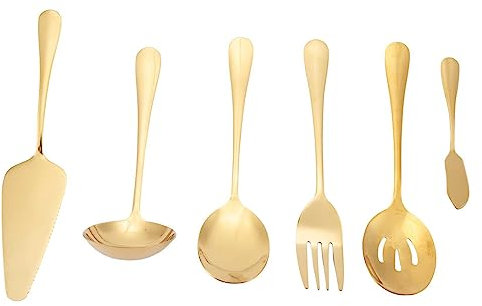 Sirxlevcy Juego de Cubiertos de 6 Piezas para Servir Cubiertos, Juego de Utensilios para Servir, Incluye Servidor para Pasteles, Cuchara Ranurada para Servir Dorado