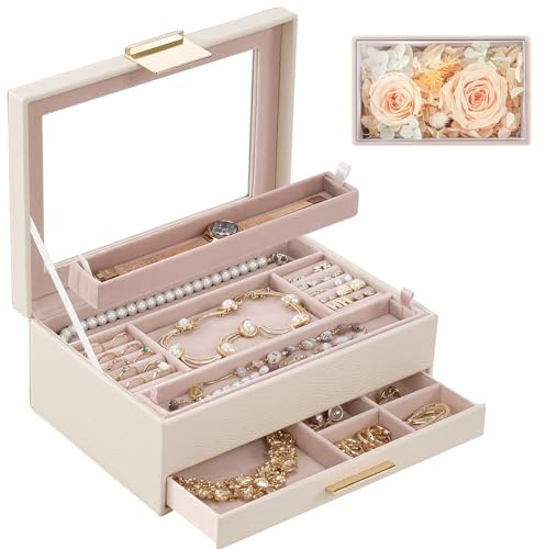 Lolalet Schmuckbox, Elegante Schmuckkästchen mit Samtbeutel für Ohrringe, Armbänder, Halsketten, Uhren & Ringe -Beige
