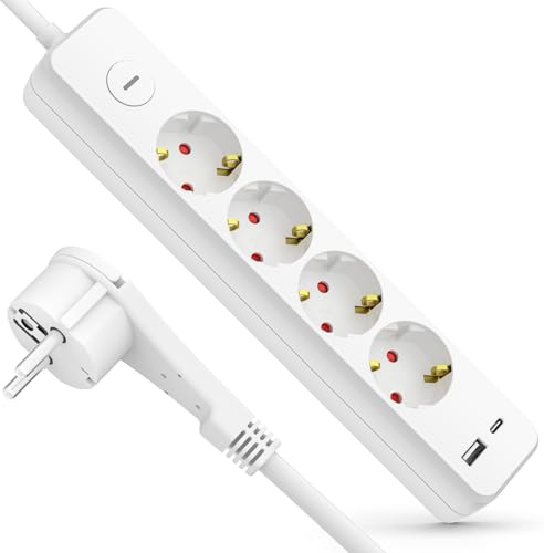 Realmade 4-Fach Steckdosenleiste 5 m mit USB-C für Handy iPad Büro Zuhause | 6 in 1 Mehrfachsteckdosen mit Überspannungsschutz, weiße steckdose 4-fach, 4er Steckdosenleiste mit Schalter für Büro Zuhause