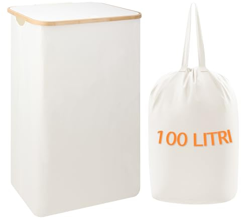 Cesto Portabiancheria Con Coperchio Cesta Bucato 100L Con Sacco Interno Removibile Tessuto Oxford Manici In Bambù Pieghevole Grande Biancheria Sporca - Bianco