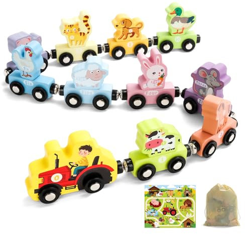 TenFans Montessori Tren de Madera con imanes y Animales para niños a Partir de 1, 2 y 3 años - 11 Piezas Juguetes educativos Regalo de cumpleaños para niños y niñas