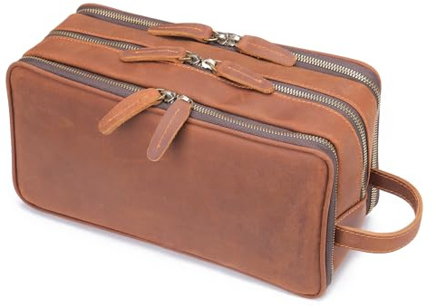 Balidiya Neceser de viaje de piel auténtica para hombres, kit de afeitado, resistente al agua, organizador de artículos de tocador para accesorios, cosméticos, higiene, bolsas de artículos esenciales