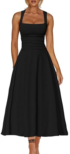 Kaximil Women's Square Neck Corset A Line Maxi Dress Ruffle Ruched Waist Flowy Long Dresses, Medium, Black