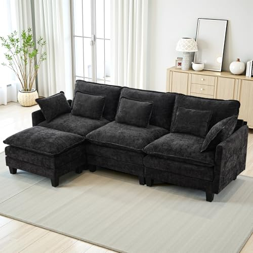 TCGBKAF Modulares Sofa mit Schlaffunktion,Chenille Ecksofa Klein mit Dicken Polstern,Sofa L Form Set mit Couch Kissen,Bequemer Sessel Wohnzimmer Couch mit Hocker,Chaiselongue (Schwarz, 287 cm L-Form)