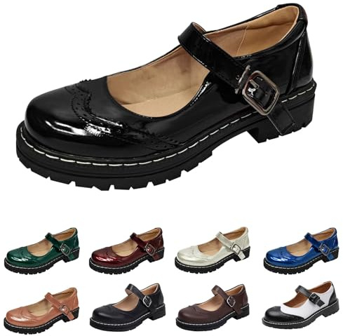 UK 6 Women's Mary Jane Shoes Platform Lug Sole Low Heel Chunky Pumps Retro Patent Round Toe Buckle Ankle Strap Oxfords Dress Work Comfy Smart Office School Shoes Black Footwear New