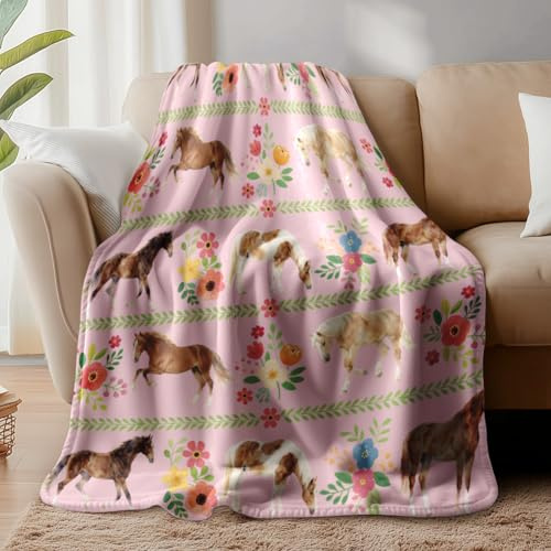 WADORN Coperta per cavalli, morbida coperta con fiori di cavallo, da donna, in morbida flanella, idea regalo, per gli amanti dei cavalli, ufficio, soggiorno, divano letto, 150 x 130 cm
