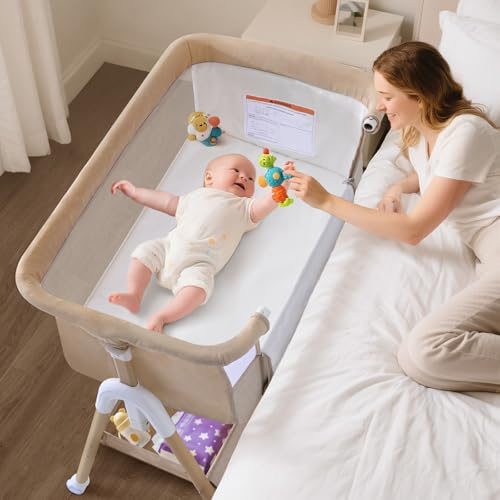 cozydwells Babybettchen, Bassinet für sicheres gemeinsames Schlafen, Staubsaugerbeutel, einfach zu montieren, leicht faltbares tragbares Kinderbett für Neugeborene/Kleinkinder (Khaki1)
