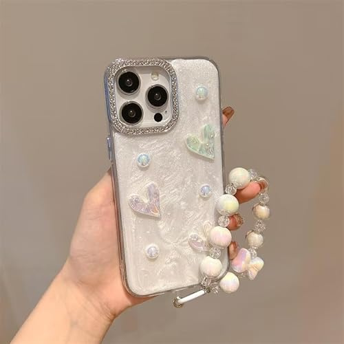 HAOFUGUI Funda Corazones Brillante para Moto E13, con y Correa de Muñeca de Perlas, Reluciente Carcasa Suave TPU Antigolpes con Protección de Cámara Strass-AX