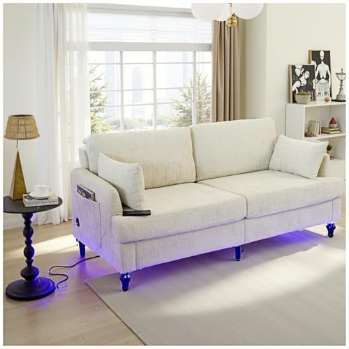 Wyibwy Sofá moderno de dos plazas de chenilla con patas de madera, iluminación LED, puertos de carga USB y bolsillos de almacenamiento, apto para sala de estar, dormitorio y estudio (beige)