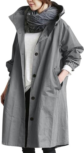 Trench Donna Curvy, Cappotto Lungo Donna Invernale con Cappuccio Monopetto Spolverino Elegante Esteso al Ginocchio Antivento Trench Giacca Capispalla Alto al Ginocchio
