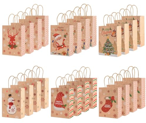 Holtrae24 Stück Geschenktüte Weihnachten,6 Stile Kraftpapier Tüten Mit Weihnachtsdruck-Weihnachtsgeschenktüten,Weihnachtspapiertüten Set,Weihnachten Geschenkverpackung,Weihnachtsfeier Tasche 21x15x8cm