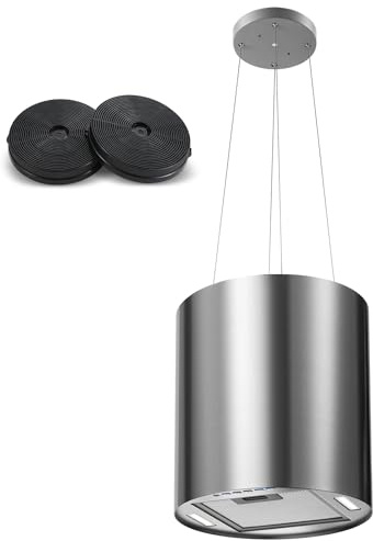 SNDOAS hotte aspirante îlot 700 m³/h, Hotte ilot central cuisine Ø 35cm avec avec 2 Filtres à Charbon, 3 Vitesses et Fonction Retard (5 minutes), Hotte Suspendue Recyclage, Acier Inox
