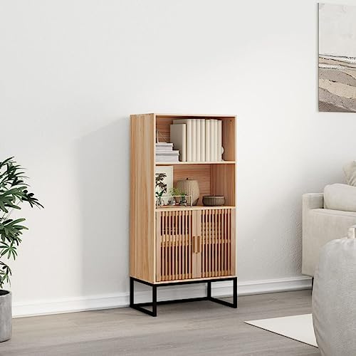 Aparador Alto de Madera con Puertas de Pino y Estantes, Armario de Almacenamiento Elegante con Estilo Escandinavo y Patas de Hierro Estables para Decoración de