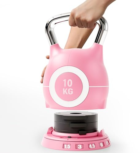 LIFERUN Kettlebell Verstellbare Hanteln Set 7 in 1 (10KG，Rosa) | Kugelhantel für Home Gym Gewicht Hantel Set mit 6 Stück Gewichtsscheiben Fitnessgeräte für Zuhause