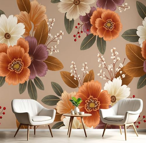 Retro-Ästhetik Seide Tapete 400x280cm Fototapete Herbstblumen Und Blätter Wandtapete XXL Wandbild Moderne Wanddeko für Wohnzimmer Schlafzimmer Fernseh Hintergrund, Braun