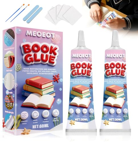 Meoeot Colle a Reliure, 60 Ml Colle à Papier Extra Forte, Transparente Flexible Und étanche, Collé Reliure Kit Avec Pinceau Pour Livres Scolaire, Réparation De Livres, Reliuré, Artisanat Papier, DIY