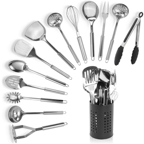 QZDDFIC 14 Piezas Utensilios de Cocina Inoxidable | Pinzas Espatula Cocina Espumadera Acero Espumadera Pinzas Cucharas Soperas