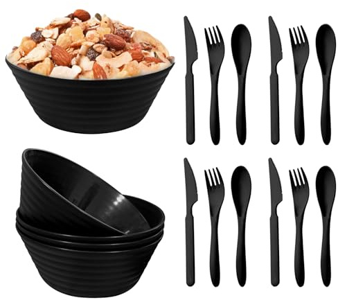 4Stk Unzerbrechliche Müslischalen mit 4 Löffeln(Durchmesser 20cm (1500ml)) | Spülmaschinen und Wiederverwendbar Salatschüssel, Camping Snack Pastaschalen für Snack Frühstück