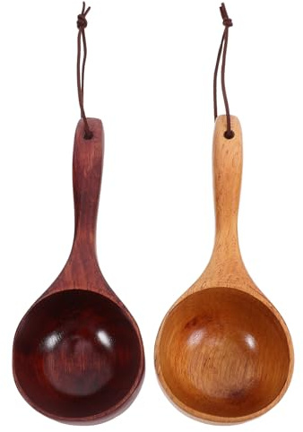ANDRESLAD Cucharones de Madera para Sopa 2 Piezas, Cucharón Grande para Sopa, Cuchara Sopera Doméstica Mediana, Mango Ergonómico, Diseño Japonés para Cocina y Servir Arroz