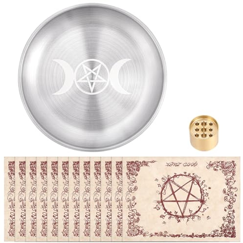 CRAFTYMELODY Ciotola Di Offerta Rotondo Vassoio Rituale Devozionale con 12 foglia di Vergine e 1 porta Incenso Vassoi di Decorazione per la Purificazione Porta Candela