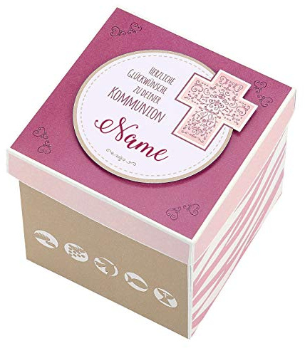 Striefchen® Explosionsbox zur Kommunion eines Mädchen mit Namensaufdruck - Handgefertigt in Deutschland - einzigartig für ein Geldgeschenk ca. 10 cm x 10,5 cm x 10 cm (B/H/T)