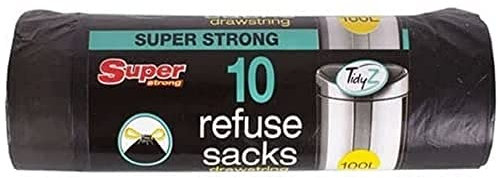 Tidyz Super Strong Drawstring Refuse Sacks Black Bin Liners 100L - 10 Bin Liners