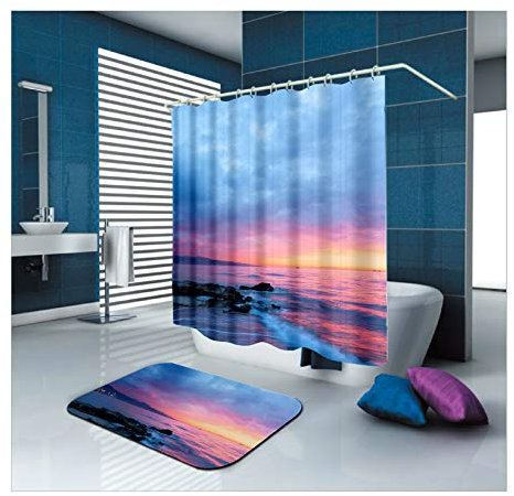Daesar 40x60 Badematten für Stand WC Sonnenuntergang am Meer Badvorhang 150x200 cm Vintage, Badematte Set