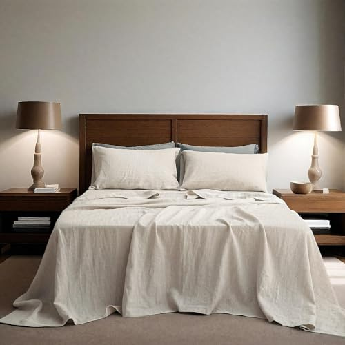 Simple&Opulence 100% Linen Sheets King Size Set, 4 Pcs Natural French Linen Bed Sheets, Breathable Soft Durable Bedding Set for All Season (Linen, King)
