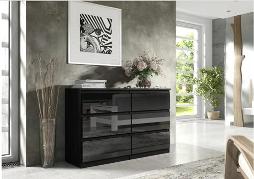 3E 3xE living.com Kommode mit 6 Schubladen in 5 Farbvarianten (Schwarz/Schwarz glänzend)