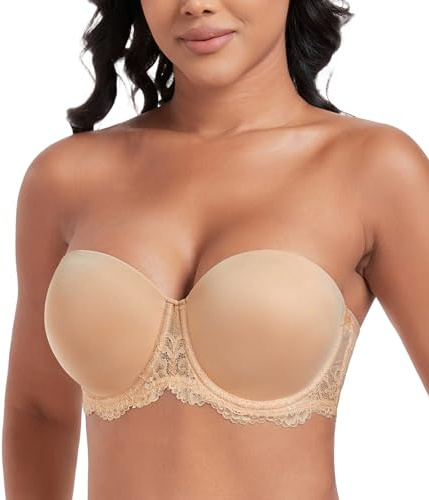 DotVol Damen BH Trägerloser Unterwäsche Rückenfrei Ohne Träger Push Up Büstenhalter mit Geformte Cups(80G,Spitze Beige)