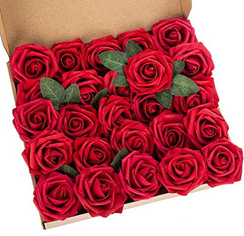 Exoment 25pcs Artificial Flower Foam Rose Real Touch Roses Flower Heads with Stem for DIY Wedding Bouquets Centerpieces Arrangements Party Baby Shower Home Decor (Dark Red)