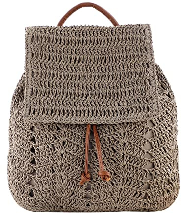 DKIIL NOIYB Mochila de Paja Tejida Bohemia, Hueca, Bolsa de Playa para Mujer, Casual para Verano y Vacaciones - 01-Gris, 44 EU