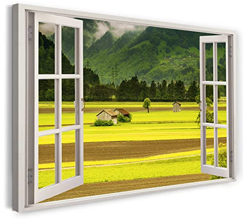 Printistico Bilder Fensterblick 120x80cm Baumwoll-Leinwand auf Keilrahmen mit Aufhänger moderner Kunstdruck XXL Wandbilder Wand-Dekoration Landschaft Berge Felder Baum Natur - Natur-Fotografie