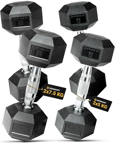 HQ Germany® Hexagon Hanteln 2,5-37,5kg [geruchsarmes PVC] - Studio Hanteln | Gefräster Stahlkern, geruchsarmes PVC, ±1,5% kalibriert, chrombeschichteter Griff, rollt nicht weg, REACH-geprüft