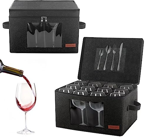 Foyego 2 Pack Wine Glass Storage Box with Dividers, Stemware Storage Containers for Packing and Moving, China Storage Containers Box for 12 Crystal Glassware, Wine Glasses, Drinkware,Dark Gray