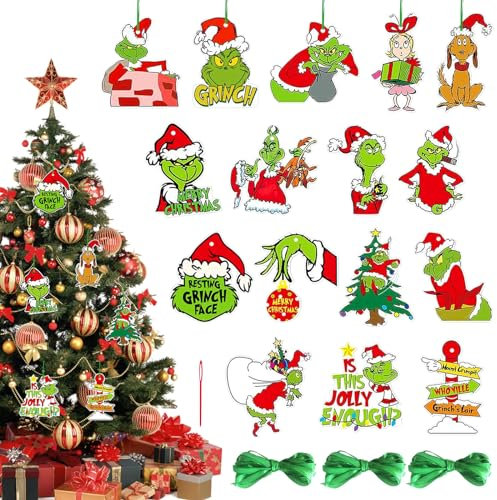 GAROMIA 32 Grin-ch Deko Weihnachtsdekorationen Anhänger Weihnachtsschmuck Papier Anhänger Deko Weihnachten Weihnachtsanhänger Grin-ch Christbaumschmuck Weihnachtsdekorationen für Weihnachtsbaum